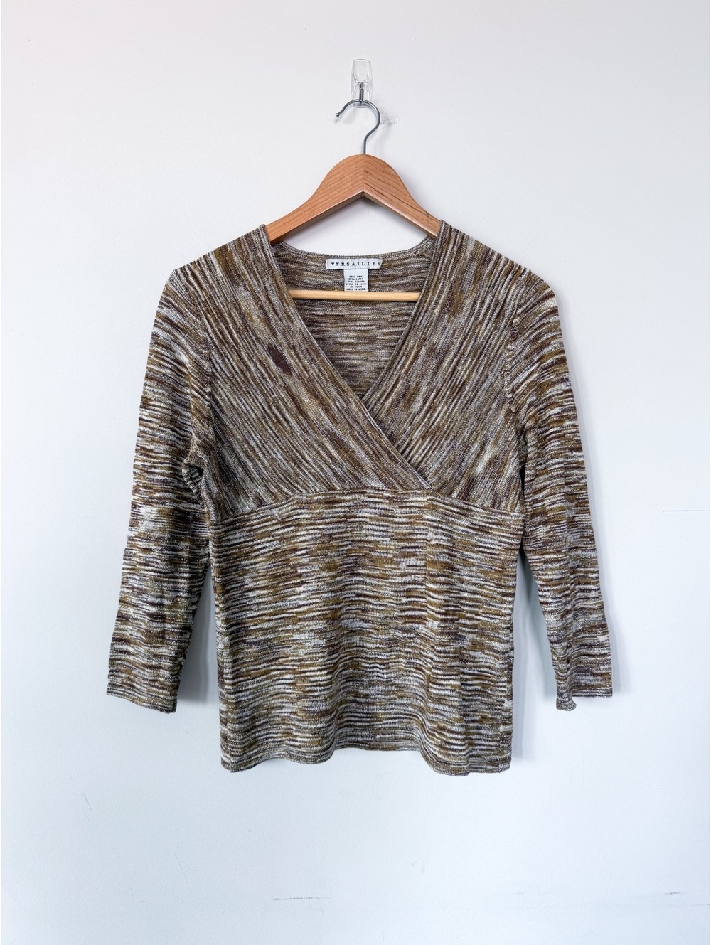 VTG 90s Silk Blend Chic 3/4 Sleeve V-Neck Surplus Top Blouse Stretchy Knit Fall